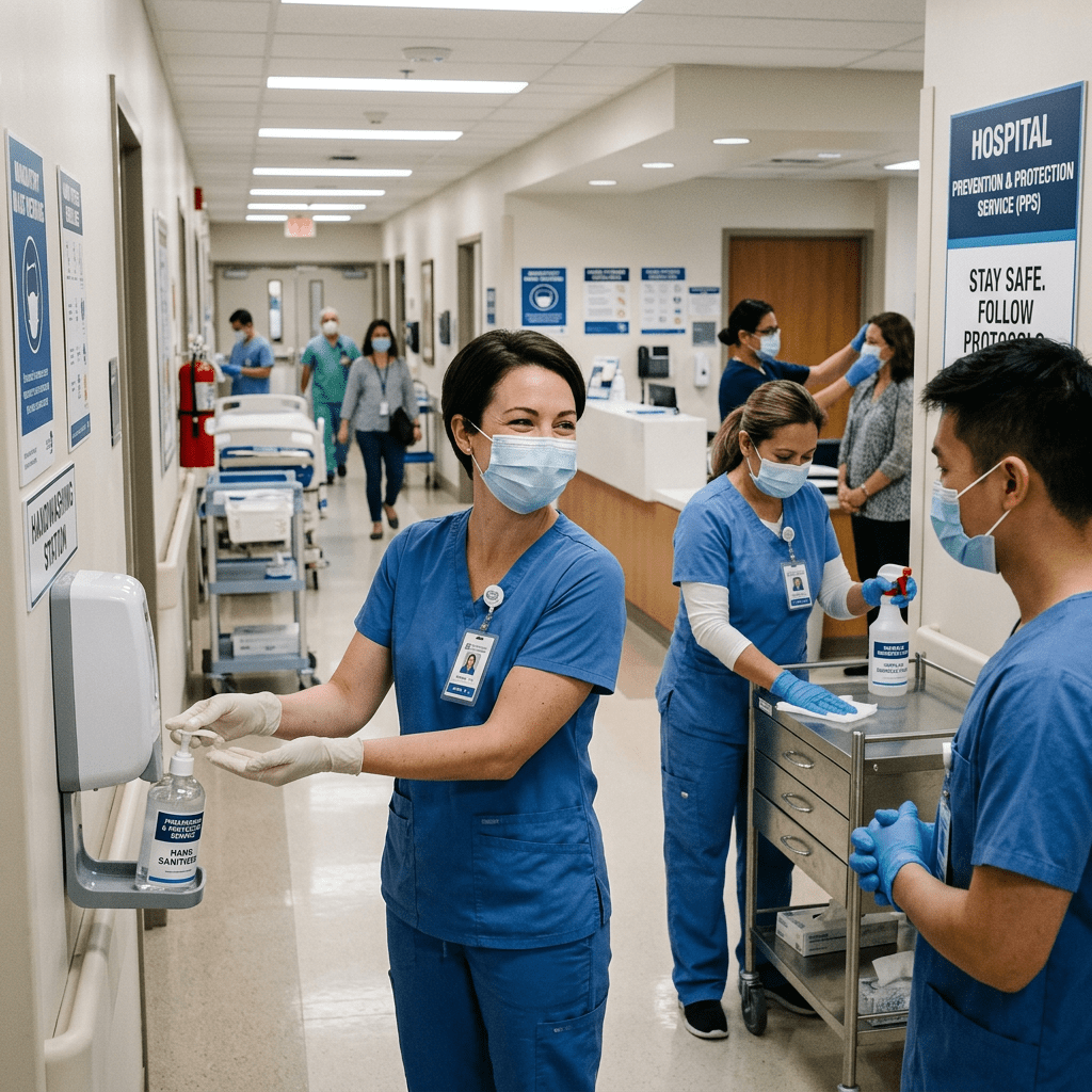 Nurses wearing masks and gloves using hand sanitizer and disinfecting surfaces in hospital hallway