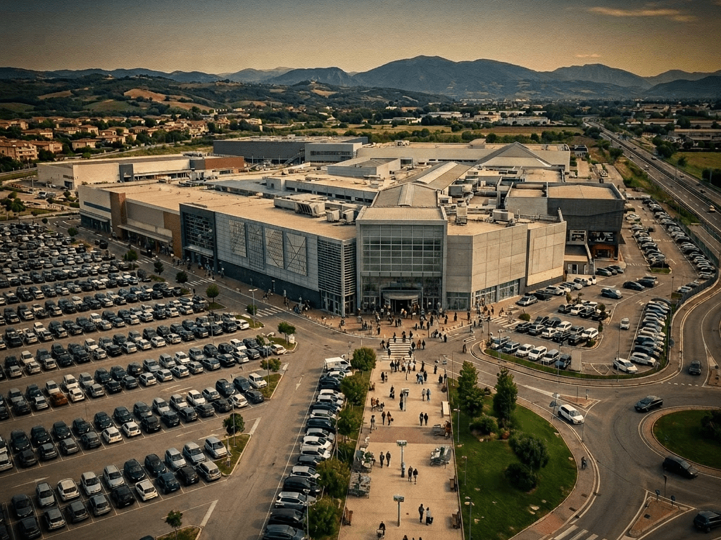 A large shopping mall with multiple retail stores, extensive parking areas, and mountains in the background