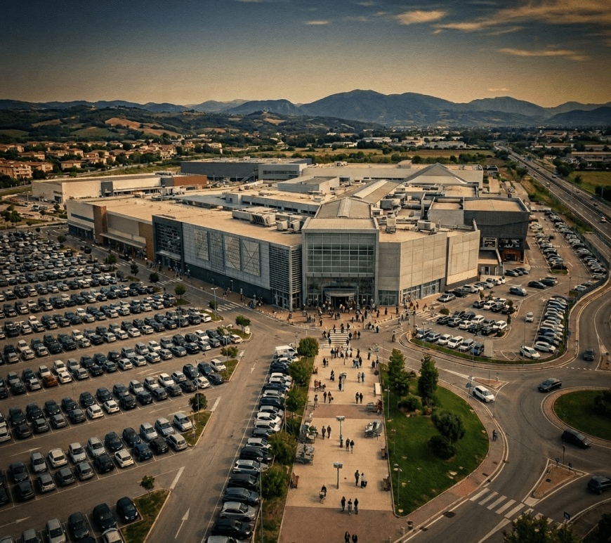 A large shopping mall with multiple retail stores, extensive parking areas, and mountains in the background