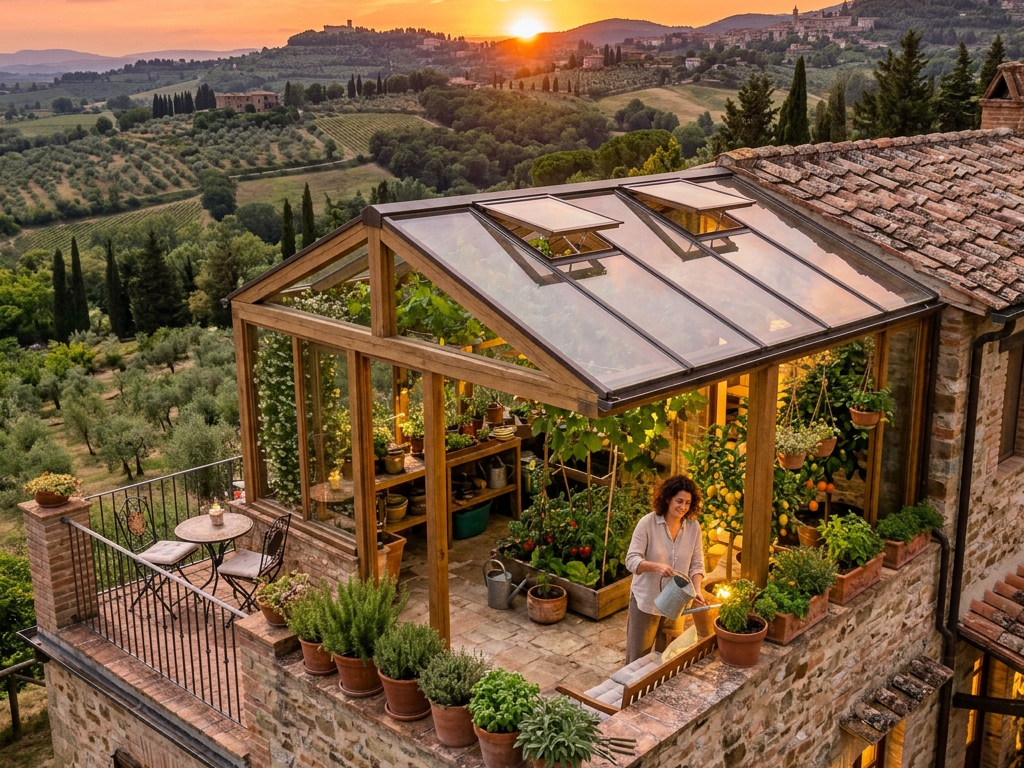 Woman watering plants in a greenhouse on stone terrace overlooking Tuscan hills at sunset